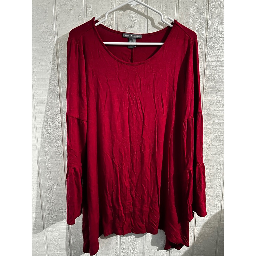 Kate & Mallory Red Bell Sleeve Tunic Top Sharkbite Hem Rayon Stretch L